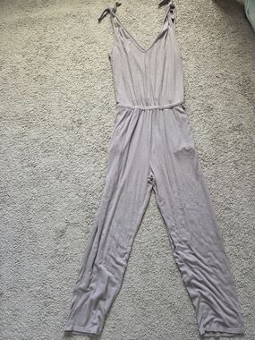 Lulu's Ribbed Tie-Shoulder Jumpsuit in Light Taupe